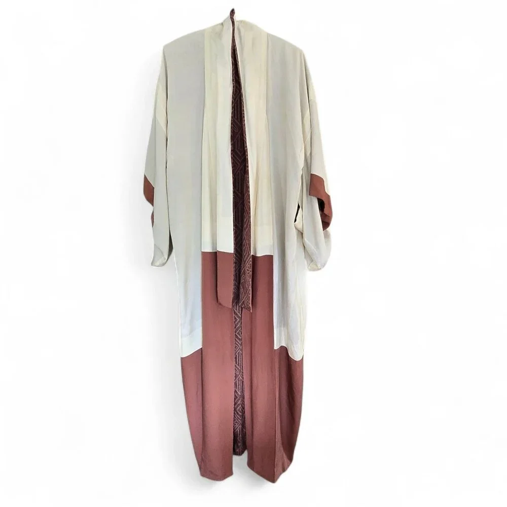 Vintage Brown & Ivory Kimono Robe Geometric Pattern & Open Front Fully Lined - Picture 4 of 8